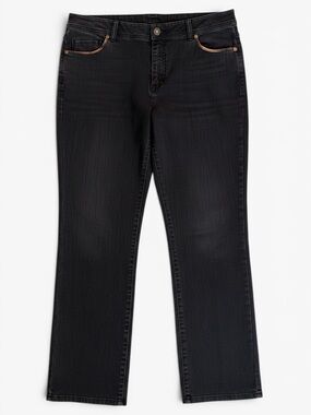 CHICO’S black, straight leg jeans with bronze trim